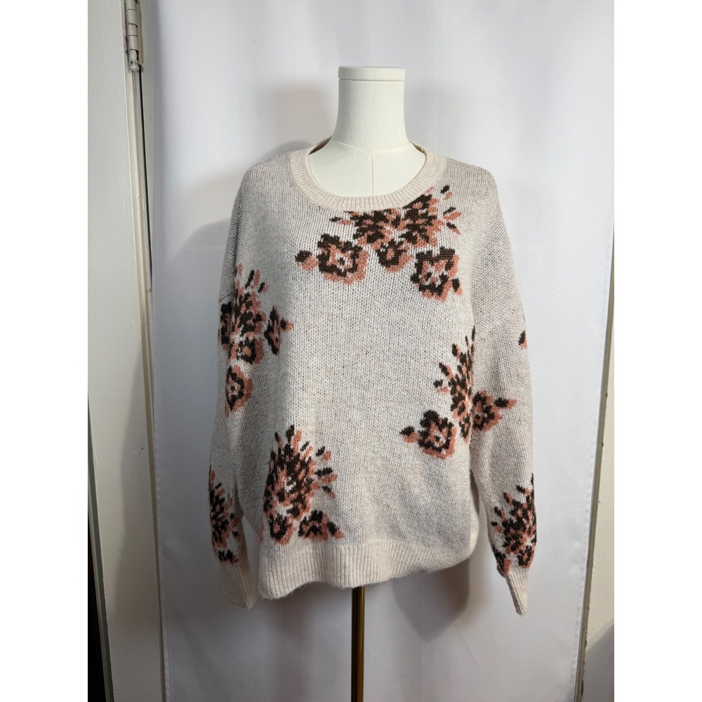 Floral Jacquard Crewneck Sweater Marled Knit Pullover Brown Coral Oatmeal